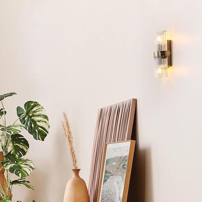 GLOBE Electric 65000046 2-Light Wall Sconce, Matte Brass, Ribbed Glass Shade, E12 Base Sockets, Wall-Lamp Dimmable, Lights for Bedroom, Kitchen Sconces Lighting, Home Decor, Mounted Bedside Lamp