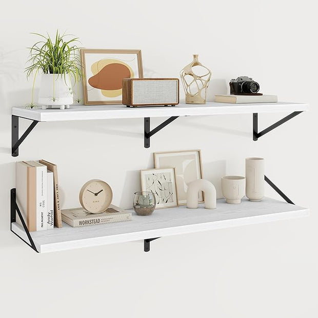 Floating Shelves, 12 Inch Deep Rustic Wood Wall Storage, 48W x 12D Wall Shelves Set of 2, Heavy Duty Metal Brackets, Large Industrial Book Shelf for Living Room, Kitchen, Bedroom, White