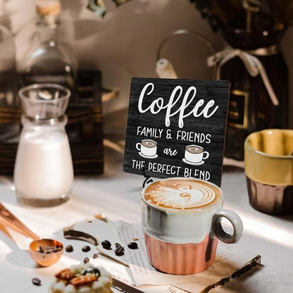 Farmhouse Coffee Bar Decor, Family Friends Wooden Signs for Home Office Desk Shelf, Rustic Tabletop Centerpieces for Kitchen Accessories - A06