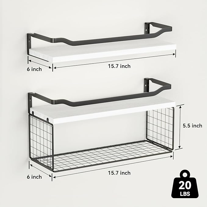WOPITUES Floating Shelves with Wire Storage Basket, Bathroom Shelves Over Toilet with Protective Metal Guardrail, Wood Wall Shelves for Bathroom Organizers and Storage, Toilet Paper-White