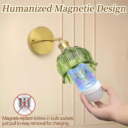 Vintage Battery Wall Sconce with Flower lampshade,Rechargeable Battery Powered Wall Lights,Wall lamp with 15 Colors for Bedroom Living Room Home Decor (Flower Green, 1 Light Battery Operated)