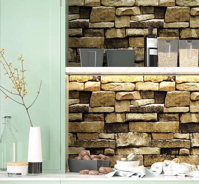 Rock Peel and Stick Wallpaper - Self-Adhesive & Removable Wallpaper Stone Decorations Contact Paper 17.7"x78.8" 3D Stone Textured Vinyl for Backsplash, Countertop Wall, Easy to Clean, Brick Wall paper