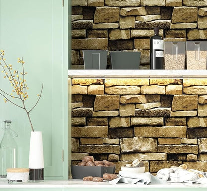 Rock Peel and Stick Wallpaper - Self-Adhesive & Removable Wallpaper Stone Decorations Contact Paper 17.7"x78.8" 3D Stone Textured Vinyl for Backsplash, Countertop Wall, Easy to Clean, Brick Wall paper
