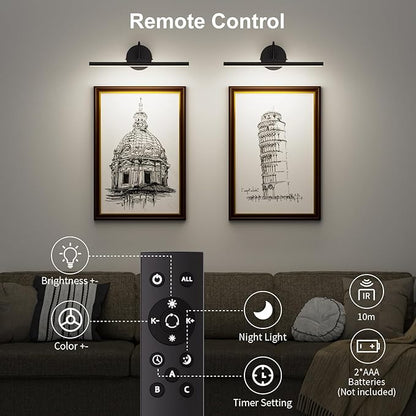 Hardwired Picture Lights for Wall 23.9" Dimmable 3CCT Frame Lights for Wall with Remote, 15W Gallery Artwork Light for Paintings Poster, 2700K-6500K Warm Nature White, 1200LM, Black