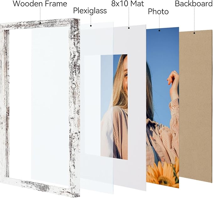 Vittanly 11x14 Picture Frame Set of 4, Display Pictures 8x10 with Mat or 11x14 without Mat, Engineered Wood with HD Plexiglass, Gallery Photo Frames for Wall or Tabletop Display, Distressed White