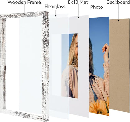Vittanly 11x14 Picture Frame Set of 4, Display Pictures 8x10 with Mat or 11x14 without Mat, Engineered Wood with HD Plexiglass, Gallery Photo Frames for Wall or Tabletop Display, Distressed White