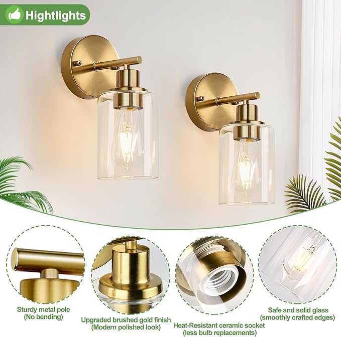 Set of 2 Wall Sconces for Bathroom, Brushed Gold Modern Vanity Lights with Clear Glass Shade,Bathroom Wall Lamp for Mirror Kitchen Living Room Hallway Cabinet Porch