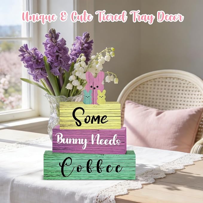 4 Pcs Easter Decorations for Home Easter Tier Tray Decor Bunny Coffee Sign Coffee Bar Station Decor Rustic Farmhouse Decorations for Home Kitchen Office Shelf Tabletop Centerpieces