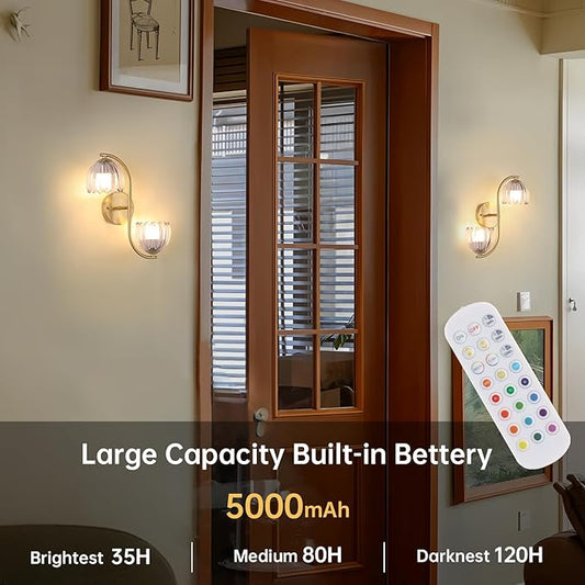 Battery Operated Wall Sconce, 2-Lights Vinatge Brass Wall Lighting Up and Down with Clear Tulip Shade for Living Room, Bedroom, Symmetrical 2 Pack