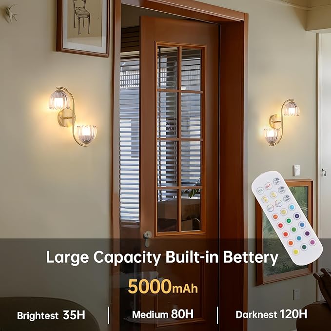 Battery Operated Wall Sconce, 2-Lights Vinatge Brass Wall Lighting Up and Down with Clear Tulip Shade for Living Room, Bedroom, Symmetrical 2 Pack