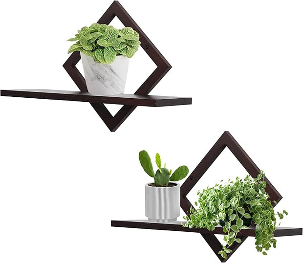 Floating Shelves for Wall,Decorative Wall Shelf,Hanging Shelf for Plants Storage Display Holder,Indoor Decor for Living Room Home Office Bathroom Bedroom,Solid Wood,Diamond Shaped,2 Pack(Walnut)