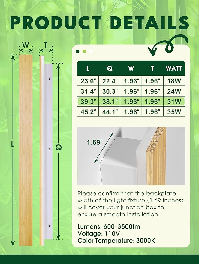 1 Pack Modern Plug in Long Wall Sconce 39.3‘’ LED Bamboo Wall Lights 31W Long Strip Indoor Wall Lamp 3000K with 6.5FT Plug in Cord and On/Off Switch on The Cord for Living Room Hallway Stairwell