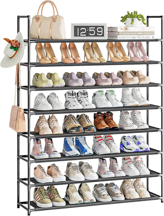 OYREL 8 Tier Shoe Organizer, 33.3in Wide x 11.2in Deep x 55.7in Tall, Black Metal and Plastic Shoe Rack, Holds up to 32-40 Pairs of Shoes