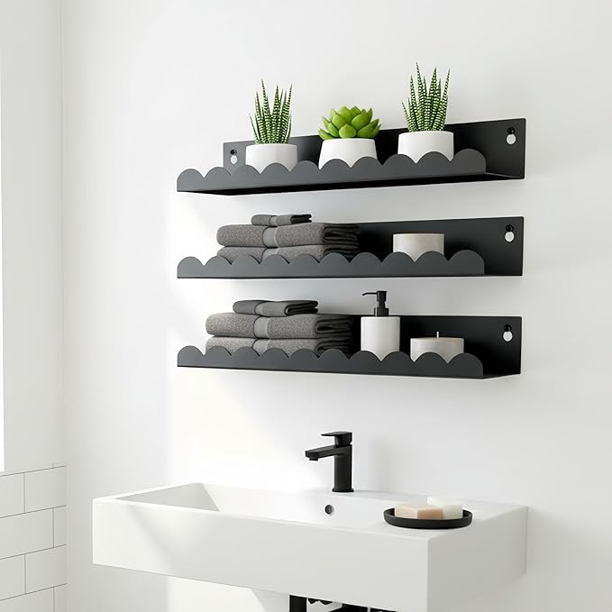 Nursery Book Shelves Set of 6, Black Metal Floating Shelves for Wall, 16 Inch Scalloped Book Shelf for Kids Room, Bathroom, Bedroom, Playroom Wall Decor & Storage