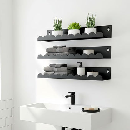 Nursery Book Shelves Set of 6, Black Metal Floating Shelves for Wall, 16 Inch Scalloped Book Shelf for Kids Room, Bathroom, Bedroom, Playroom Wall Decor & Storage