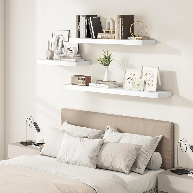 Vivelove White Floating Shelves Over Toilet, 24/36/48/55 Inch X 12 Deep Shelves for Room Wall Mounted, 2