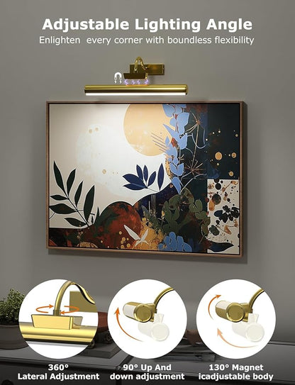 16in Wireless Picture Light with Remote, Battery Operated Picture Lights for Wall 5000mAh, 3 Color Modes and Dimmable LED Art Lighting with Timer for Painting, Frame, Gallery, Bedroom (Gold-2Pack)