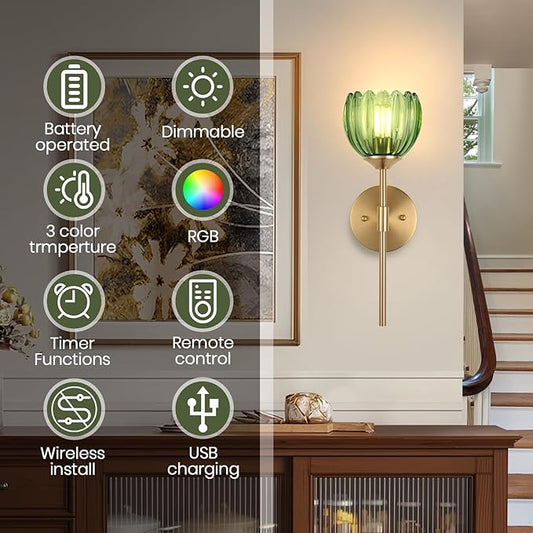 Vintage Battery Operated Wall Sconce Set of Two,Rechargeable Wall Lights with RGB Dimmable Detachable Bulbs and Remote,12 Colors Wireless Wall Lamps for Bedroom Living Room Hallway (Green)