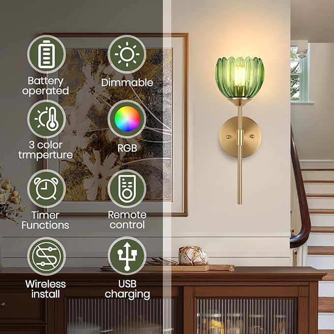 Vintage Battery Operated Wall Sconce Set of Two,Rechargeable Wall Lights with RGB Dimmable Detachable Bulbs and Remote,12 Colors Wireless Wall Lamps for Bedroom Living Room Hallway (Green)