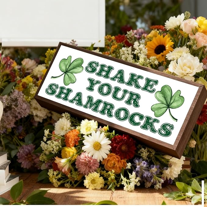 Shamrocks Decor, Shake Your Shamrocks Sign, Farmhouse Wooden Box Sign, Desk Decor Art, St Patricks Day Decoration for Home Office Coffee Bar, Irish Gift for Women Men, 9.5x3.1x1 inches