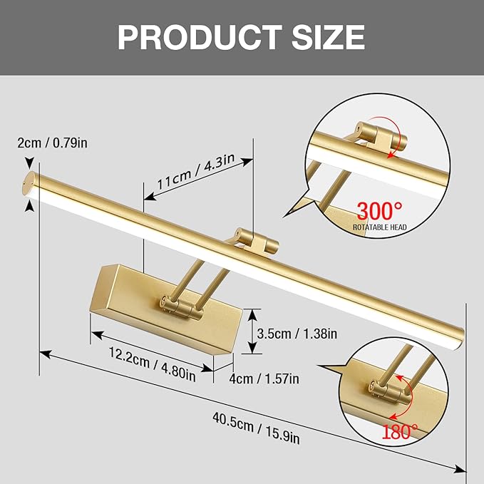 Wireless Picture Light,5200mAh Battery Operated Picture Lights with Remote,Gold Picture Light, Full Metal Painting Light for Wall Display, Gallery,Portrait,Bedroom (Gold)