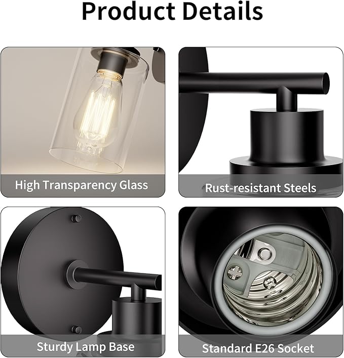 Black Wall Sconce Light: Modern Wall Sconces Indoor, LED Wall Light Fixtures with E26 Base and Clear Glass Shade, Sconces Wall Lighting for Hallway, Bedroom, Living Room, and Mirror