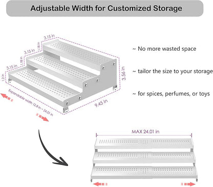 3-Tier Expandable Metal Spice Rack Organizer for Cabinet & Pantry, Adjustable 12.8-24" Heavy Duty Step Shelf for Kitchen Countertop, Spices, Perfumes & Mini Figures, Non-Slip(WHITE,2PACK)