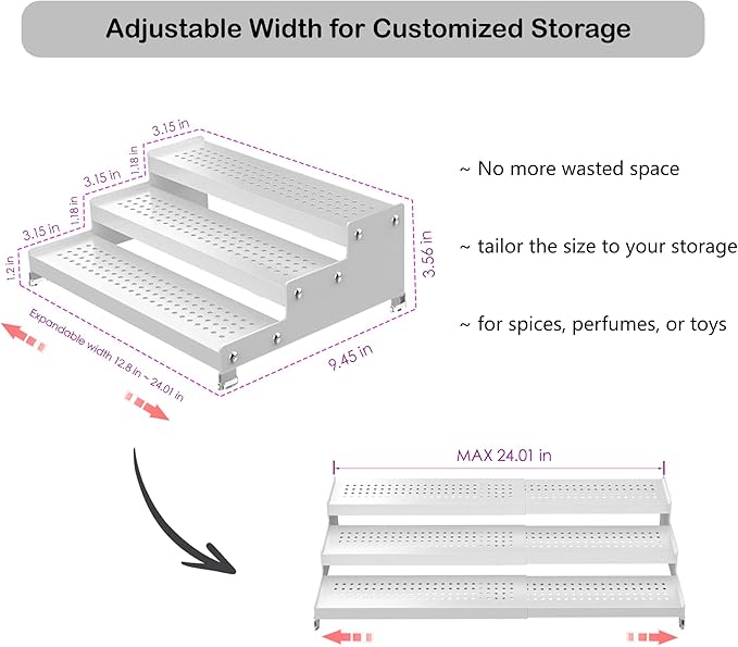 3-Tier Expandable Metal Spice Rack Organizer for Cabinet & Pantry, Adjustable 12.8-24