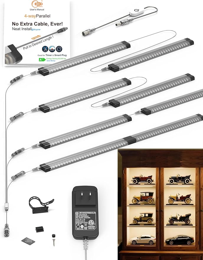 EBD LED Shelf Lights for Bookshelf 4-Way 48” Splitter Parallel Under Cabinet Lighting Built-in Adjustable Cable Kitchen Counter Lights Bar 8 Panels Bookcase Lights Energy 3600Lm 3000K Closet Light
