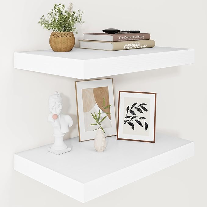 Vivelove 24/36/48/16 Inch Floating Shelves for Wall, 12 Deep Shelves for Room Wall Mounted, 2" Thick Floating Shelf for Living Room Bedroom Bathroom Kitchen Laundry Room, Set of 2 White
