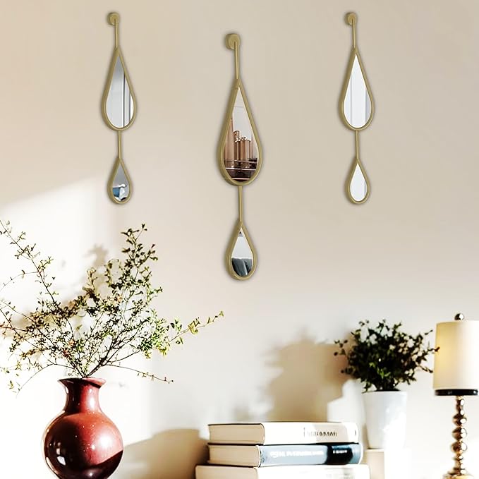 Gold Mirror Wall Decor Modern Tear Drop Shape Decorative Mirror for Bedroom Living Room entryway Hall Fireplace Boho Wall Mirror 3-Pack Mirrors Set
