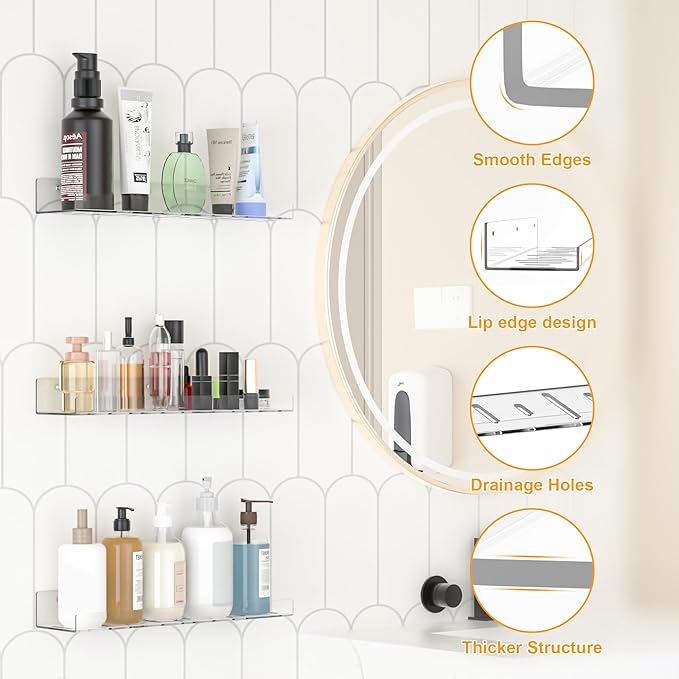 6 Pack Floating Shelves - Clear Acrylic/PET Wall Mounted Non-Drilling Storage Rack with Adhesive, Invisible Bathroom and Bedroom Shelves for Kitchen, Living Room, Clear Decoration