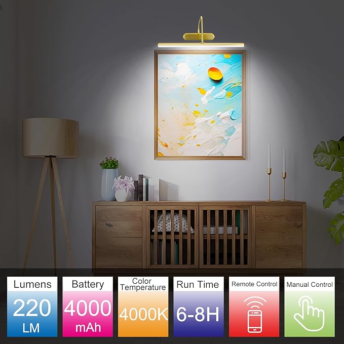 Picture Light,Wireless Art Lights for Paintings,15.9" Battery Operated Wall Lights,Remote Accent Lighting with Timer and Dimmable for Frame,Portrait,Dartboard-Brass
