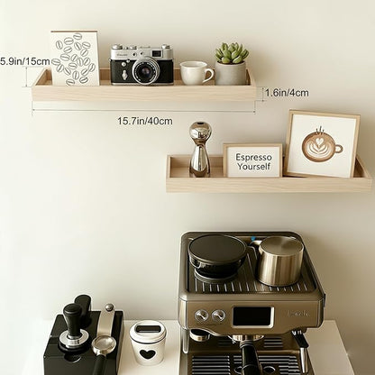 Floating Shelves for Wall, 15.7 Inch Picture Ledge with Raised Lip, Bathroom Shelves Over Toilet, Nursery Book Shelves, Kitchen Spice Rack, Wall Decor Display Ledge, Set of 2, Oak