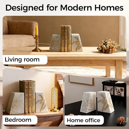 Heavy Duty Book Ends for Shelves, Decorative Book Ends for Heavy Books, Resin Modern Bookends with Marble Texture & Gold Botanical Detail, Minimalist Bookends for Home Decor, Set of 2