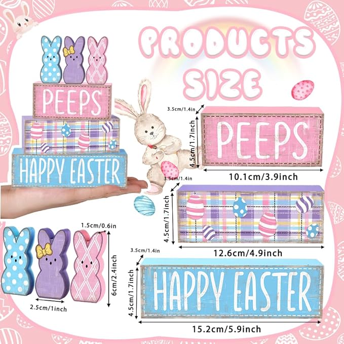 DIYDEC 6Pcs Easter Tabletop Decorations Colorful Bunny Wooden Block Signs Gift Rustic Tiered Tray Decor Happy Easter Centerpiece Farmhouse Wood Rabbit Table Sign for Kitchen Home Office Party Decor