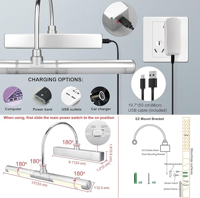 LUXSWAY Wireless Picture Lights for Paintings,Rechargeable Battery Art Display Light with Remote Control,Dimmable and Timer Off Dart Board Light with Aluminum Finish,Upgrade 12 Color Changing-Silver