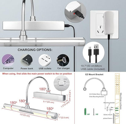 LUXSWAY Wireless Picture Lights for Paintings,Rechargeable Battery Art Display Light with Remote Control,Dimmable and Timer Off Dart Board Light with Aluminum Finish,Upgrade 12 Color Changing-Silver