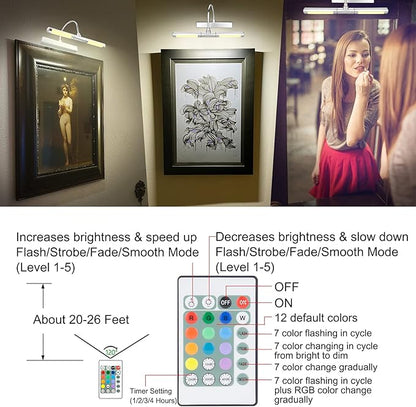 LUXSWAY Wireless Picture Lights for Paintings,Rechargeable Battery Art Display Light with Remote Control,Dimmable and Timer Off Dart Board Light with Aluminum Finish,Upgrade 12 Color Changing-Silver