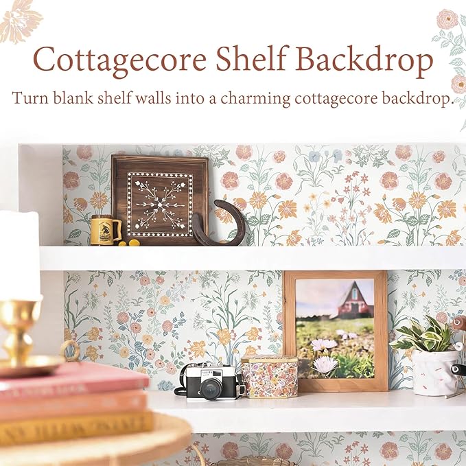 Floral Peel and Stick Wallpaper Vintage Wallpaper Colorful Wall Paper Wildflower Contact Paper for Cabinets Vinyl Renter Friendly Waterproof Self-Adhesive Bathroom Kitchen Bedroom 393