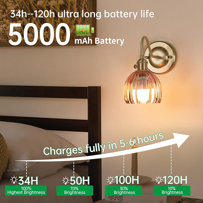 Vintage Battery Operated Wall Sconce, 5000mAh Rechargeable Wall Light, Indoor Battery Powered Wall Lamp for Bedside Bedroom Living Room, Tulip Amber