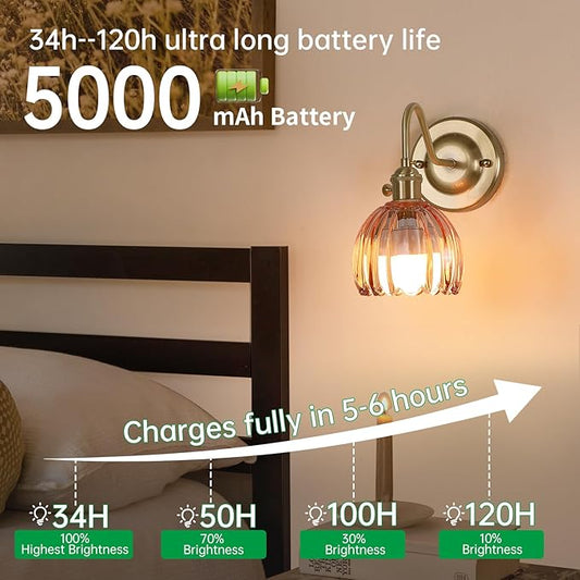 Vintage Battery Operated Wall Sconce Set of 2, 5000mAh Rechargeable Wall Light, Indoor Battery Powered Wall Lamp for Bedside Bedroom Living Room, Tulip Amber