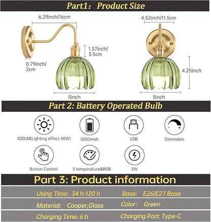 Vintage Battery Operated Wall Sconce, 5000mAh Rechargeable Wall Light, Indoor Battery Powered Wall Lamp for Bedside Bedroom Living Room, Tulip Green