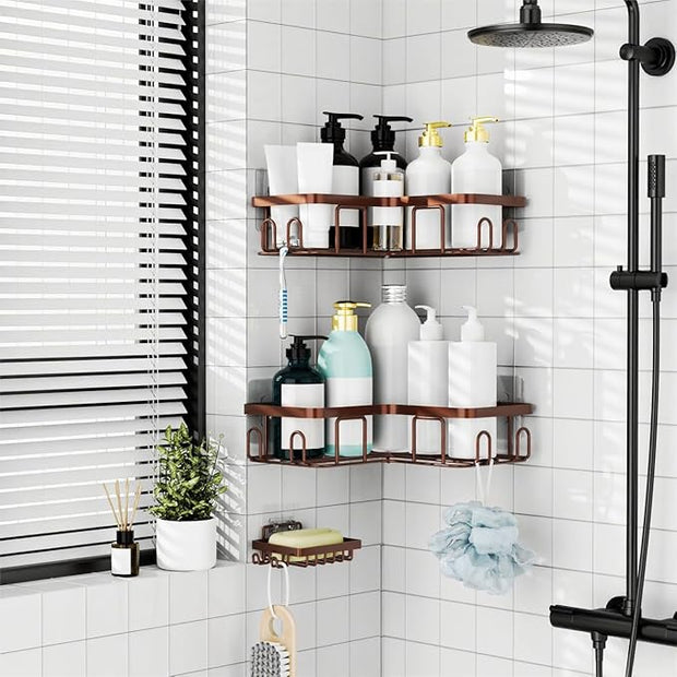 Moforoco Corner Shower Caddy Shelf Organizer Rack, Self Adhesive Black Bathroom Shelves Basket, Home Wall Shower Inside Organization and Storage Decor Rv Accessories, First Apartment Essentials(Brown)