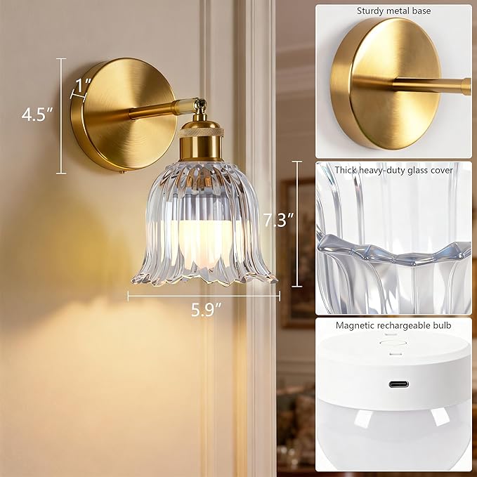 Vintage Battery Operated Wall Sconce with Transparent Stripe Glass Lampshade Rechargeable Battery Powered Wall Light with Remote Control for Bedside Bedroom Bathroom, Set of 2