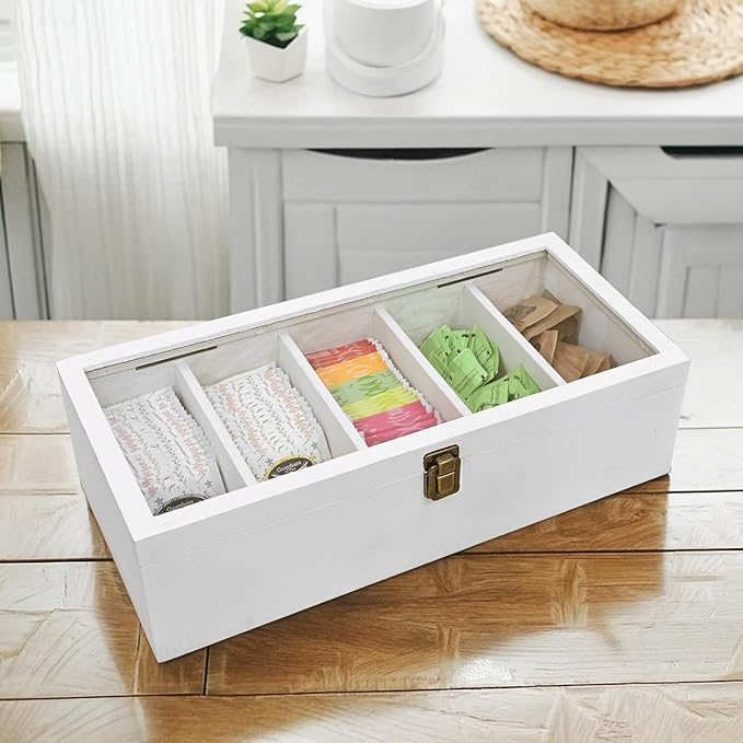 Ikee Design Wall Mounted Wooden Collectible Shadow Box Display Case 5 Shelf Display Shot Glass Storage Accessories with Tempered Glass Door, Wash White Color