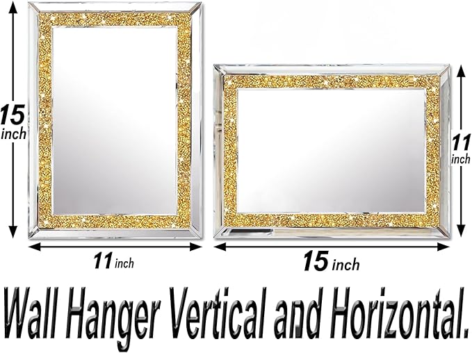 2 Piece Wall Mirrors, Crush Diamond Wall Decor, Gold Color Decorative Mirrors for Living Room, Bedroom, Bathroom. (11'x15')