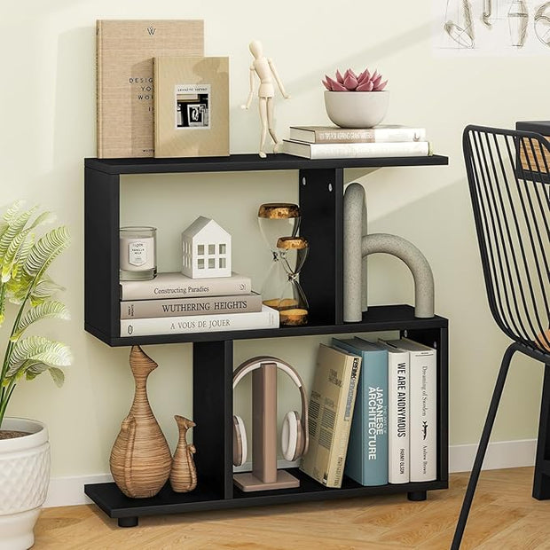 LOKO 3-Tier Geometric Bookshelf Set of 2, S-Shaped Open Bookcase, Freestanding Decorative Storage Shelving, Home Storage Organizer for Living Room, Bedroom, Home Office (2, Black)
