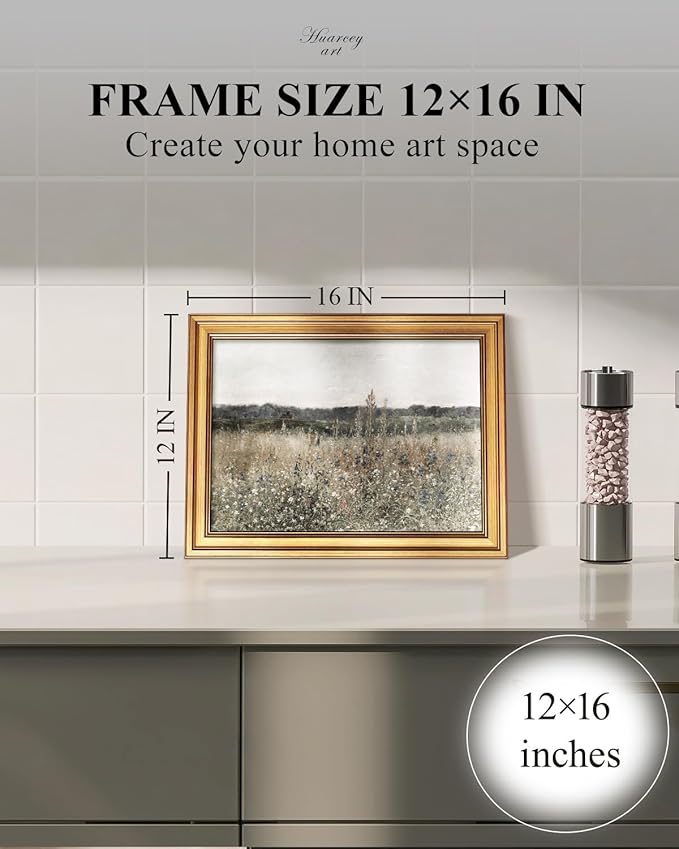 HUARCEY Gold Framed Canvas Wall Art Prints, Living Room Vintage Art Aesthetic, Wildflower Field Floral Landscape Paintings Farmhouse Decor, Retro Decoration for Bedroom Bathroom, 12x16Inch