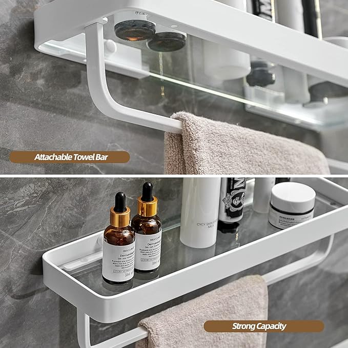 VOLPONE Bathroom Shelves Wall Mounted 2 Tier Glass Floating Shelf - Tempered Glass Wall Organizer (White)
